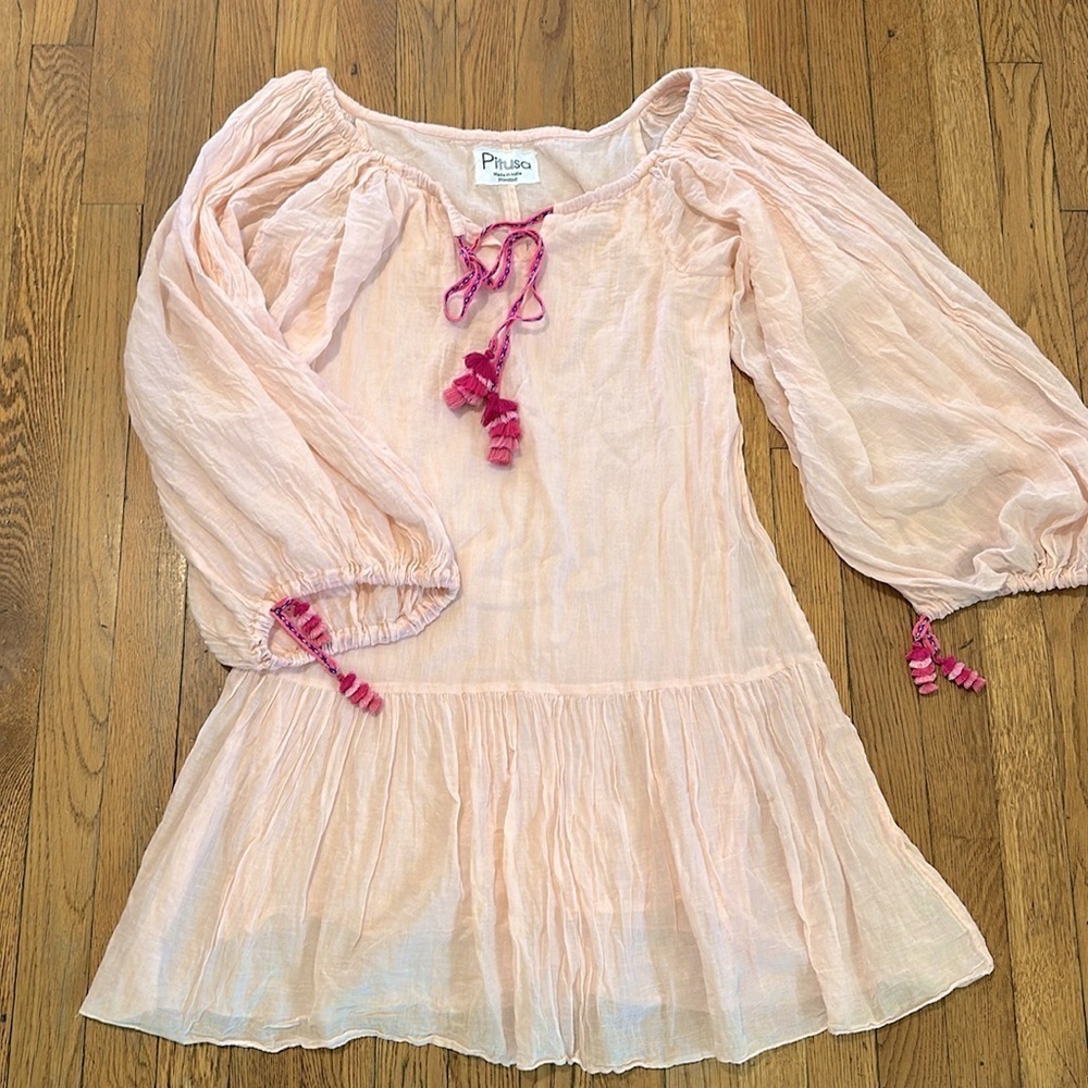 Pitusa Pea Drop-Waist Long-Sleeve primrose pink tassel coverup OS short dress